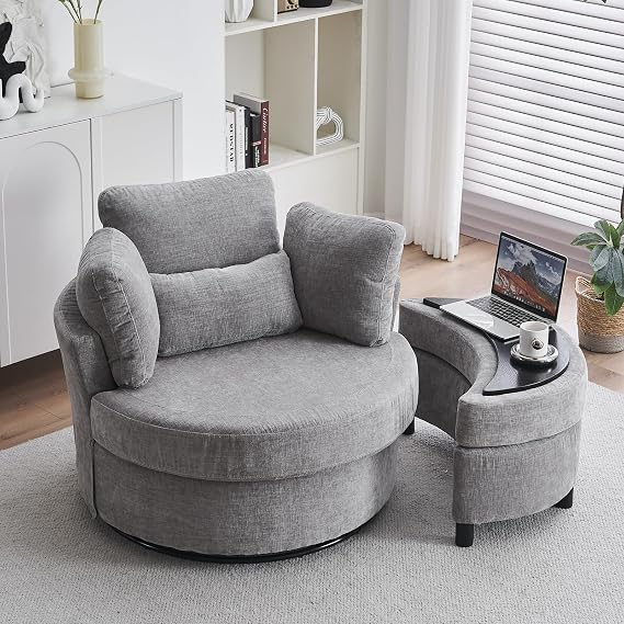 DEKKETO Chenille Swivel Cuddle Chair with Storage Footstool, Light Grey