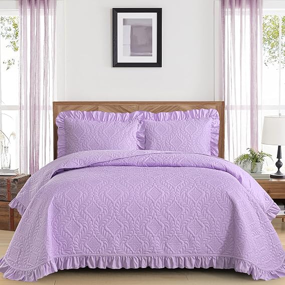 DJY Purple Quilt Set Twin Size Dorm Bedding, Ruffled Bedspreads