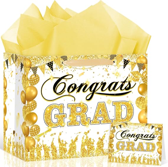 White Gold Graduation Gift Bag 2026 Graduation Party Supplies Congrats Grad Gift Bag with Wrapping Paper and Card Class of 2026 Wrapping Paper Bag Goodie Bag for Senior Junior College Graduate Party