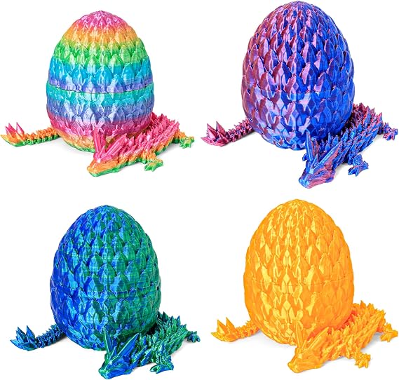 3D Printed Dragon Eggs with Articulated Crystal Dragons, 4-Pack