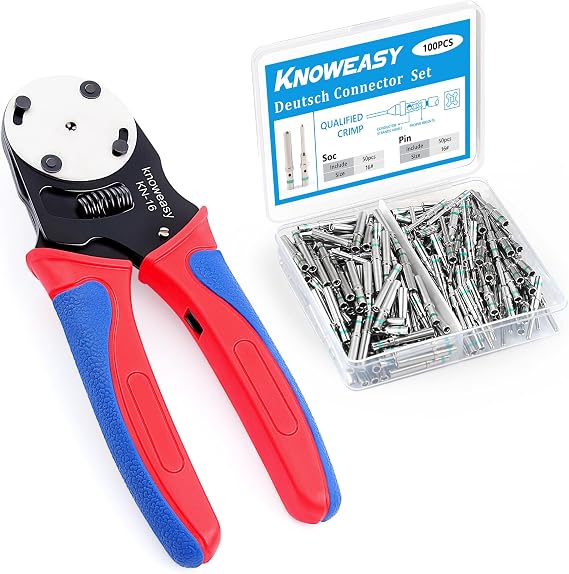 Knoweasy 4 Way Indent, 8 Impression Closed Barrel Crimper with 50 Pairs Size 16 DT Deutsch DT Connector Kit
