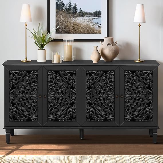 Vintage Sideboard with Hollow Carving Doors 60" Black Credenza