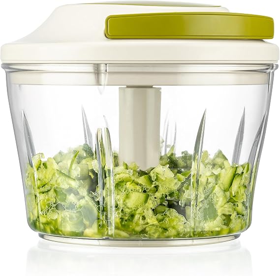 Promosyonca İpli El Rondosu, Manuel Doğrayıcı, Paslanmaz Çelik Üçlü Bıçak, 700 ml Şeffaf Kase, Ergonomik Tasarım, 13,2 x 13,2 x 11,3 cm (Yeşil)