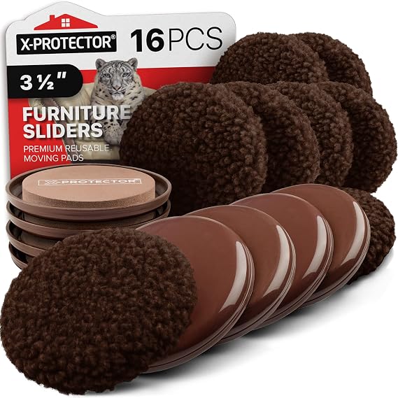 Furniture Sliders X-PROTECTOR - 8+8 Pack 3 1/2, Multi-Surface, Brown | Sliders for Carpet & Hard Floors - 8 Furniture Movers for Carpeted Floors and 8 Hardwood Socks - Move Furniture Easily!