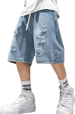 EMMIOL Baggy Jean Shorts Men, Y2k Jorts Cargo Ripped Elastic Waist, Mens Denim Shorts Comfy Casual Streetwear Summer