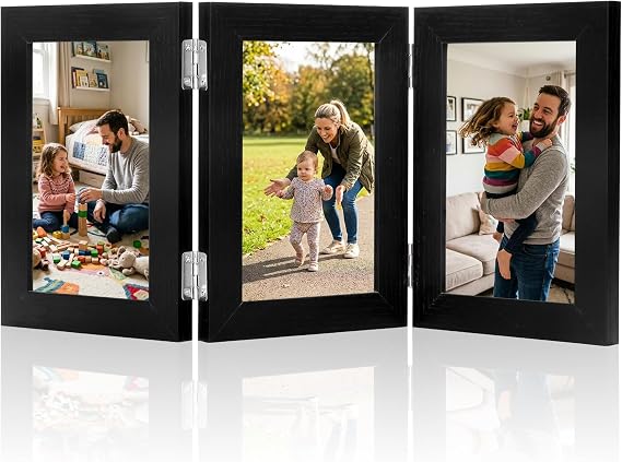 3 Picture Frame 4x6, Black 4x6 Triple Photo Frame with Glass, Folding Picture Frame for Tabletop Display, Home Decorative