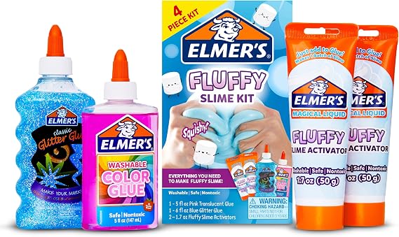 Elmers Fluffy Slime Kit, Includes Translucent Color Glue, Glitter Glue, Fluffy Slime Activator, 4 Count - Perfect for Birthday Parties, Summer Fun, Creative Kids Activity