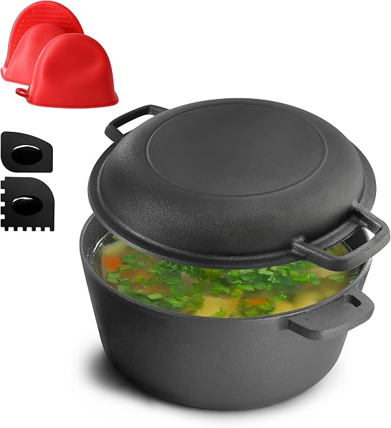 MegaChef 5 Quart Pre-Seasoned 2-in-1 Cast Iron Dutch Oven and Skillet