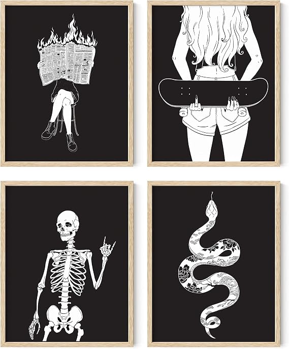 HAUS AND HUES Goth Wall Art Set of 4 - Dark Academia Wall Art Posters for Bedroom, Skull Wall Decor, Gothic Print, Halloween Pictures, Gothic Art (11x14, Beige Framed)