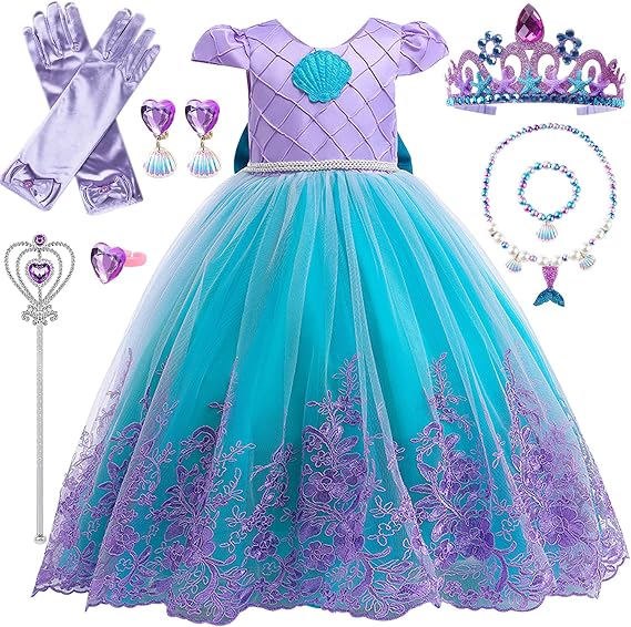 Princess Dress Girls Mermaid Costume Kids Girls Dress with Crown Necklaces Set Princess Costume for Christmas Halloween Carnival Cosplay Birthday Party 3-10 Years