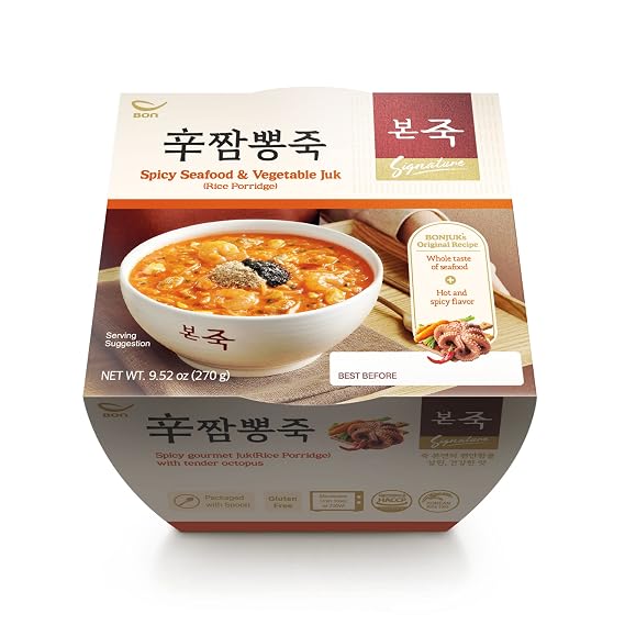 BONJUK Spicy Seafood & Vegetable Juk(Porridge) Bowl - Korean soup stew Kfood, Hearty Breakfast Oat Meal 9.5oz(270g), bowl type