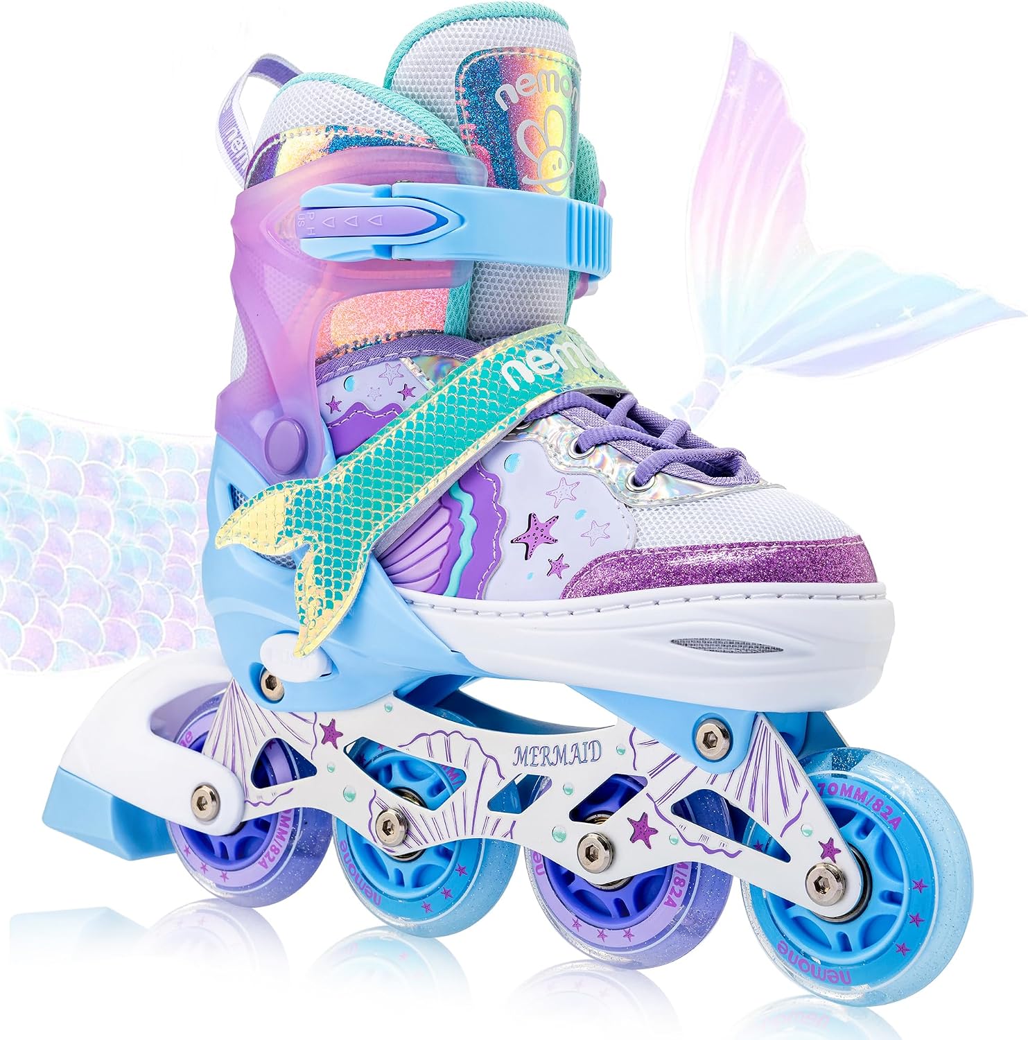 NEMONE Mermaid 4 Size Adjustable Inline Skates for Girls, Purple Blue for Kids Youth, Beginner Skates Indoor Outdoor
