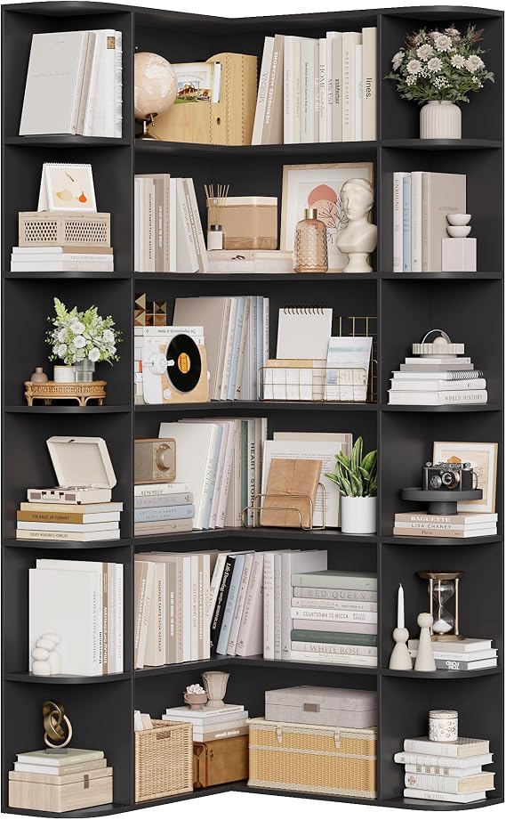 FirFurd Bookcase Black Corner Bookshelf 6-Tier L Shaped Bookcase 185cm Tall