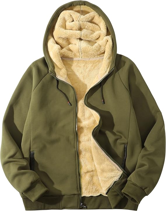Flygo Sherpa Hoodies for Men Zip Up Winter Fleece Lined Hooded Sweatshirt Heavyweight Warm Jackets
