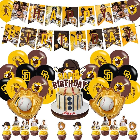 San-Diego Party Decorations - Baseball Birthday Supplies: Banner, Cake Topper, 12 Cupcake Toppers, 18 Balloons, 2 Baseball Foil Balloons