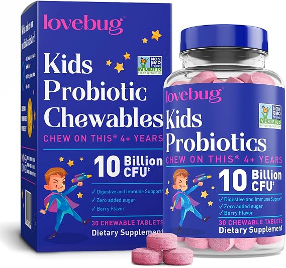 LOVEBUG Probiotics for Kids Probiotic Chewables with Prebiotic Fiber for Age 4+,Daily Children's Gut Health & Digestive Support Supplement, Sugar-Free Berry Flavor, 30 Count
