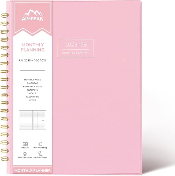 Monthly Planner 2024-2025, Monthly Calendar Planner, 18-Month Planner from Jul.2024-Dec.2025, 8.5"" x 11"", AIMPEAK Monthly Planner with Spiral Binding, Faux Leather, Pink, PU-18-P-1