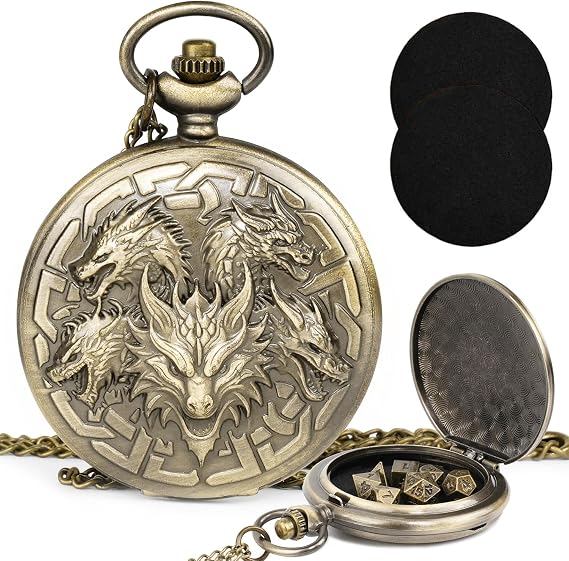 Kabinka DND Dice Set, 7pcs Mini Metal Dice with Pocket Watch Shell, Portable D&D Die with Necklace, Dungeons and Dragons Dice for RPG(Five-Headed Dragon, Bronze)