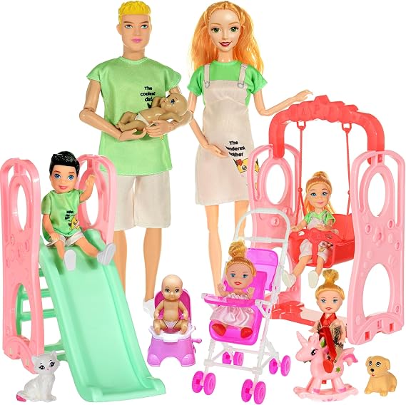 dollbie Family Dolls Playset with Slide Swing and Baby Stroller - 7 People, Pets & Accessories for 3-12 Years Old Toddler Gift (Gift Box Package)