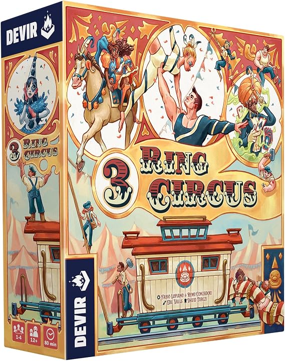 Devir - 3 Ring Circus Board Game, Eurogame Strategy Game of Circus Management, Route Building & Artist Hiring for Teens and Adults, Ages 12+, 14 Players, 80 Playtime, Multi-Language