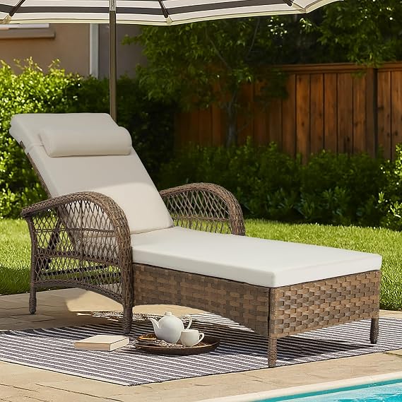 MEETWARM Outdoor Wicker Chaise Lounge Chair with Cushion, 77" Long All Weather PE Rattan Patio Lounge Chair, 6-Positions Adjustable Pool Reclining Sunbathing Chair, Armrest & Head Pillows, Beige