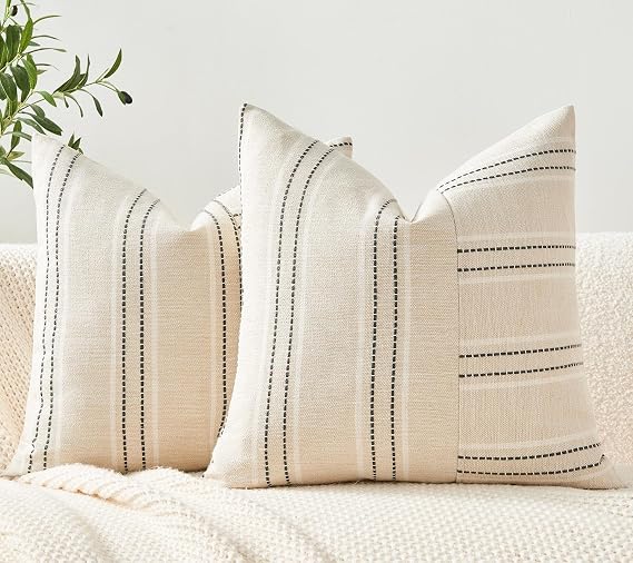 Throw Pillow Covers Set of 2 18x18 Inch Striped Pillow Covers, Soft Decorative Cotton Neutral Grey Textured Case for Couch Sofa Bed Living Room, Home Modern Farmhouse Cute Decor