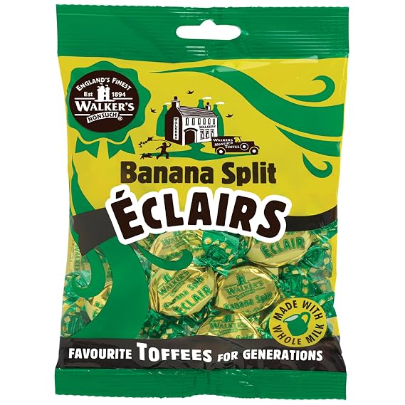Walkers Nonsuch Banana Split Eclairs Bag 5.29 Oz (150g) British Toffee Candy with Condensed Milk & White Chocolate, Imported UK Banana Taffy Caramel Sweets, Individually Wrapped English Toffee