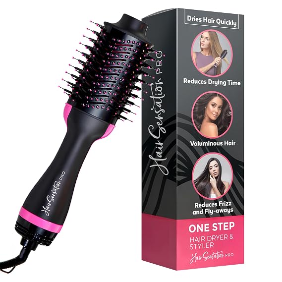 Hair Sensation Pro Blow Dryer Brush, 4 in 1 Styling Tools with ION Generator and Ceramic Coating for Fast Drying Hair Types, Pink
