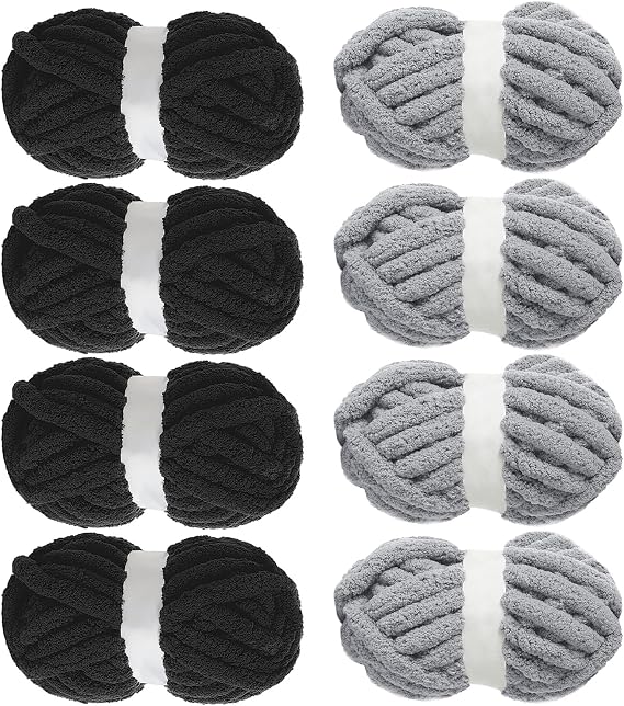 MABOZOO Assorted Chunky Yarn for Hand Knitting 8 Pack, Fluffy Jumbo Chenille Yarn, Soft Plush Yarn Bulky, Giant Thick Fuzzy Yarn for Arm Knitting,Black & Medium Grey(31.7 yds,8 oz Each Skein)