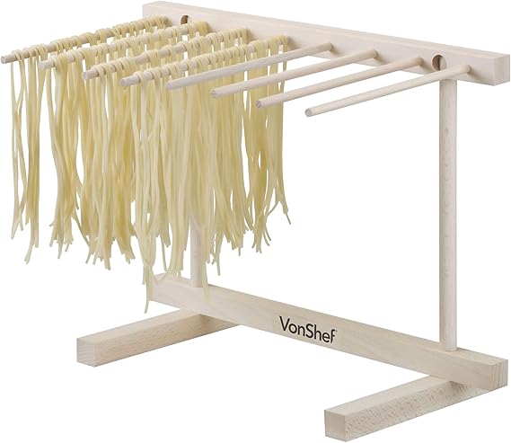 VonShef Pasta Drying Rack - Collapsible Wooden Spaghetti, Noodle and Fresh Pasta Drying Stand - Natural Beechwood