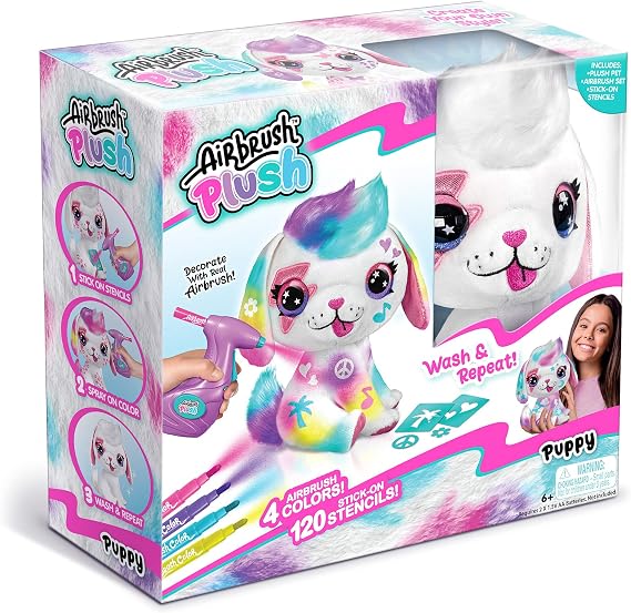 Canal Toys Personalize Airbrush Plush Large Puppy! Decorate, wash, Repeat! Customize Your own Spray Art Plush with Markers, Battery Powered Airbrush and 100+ Stencils. Ages 6+