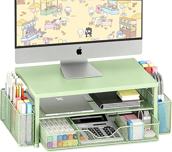 OPNICE Desk Organizers and Accessories, Computer Monitor Stand Riser with Drawer and 2 Pen Holders, Printer & Laptop Stand, Office Desk Accessories & Workspace Organizers for Home Office Supplies