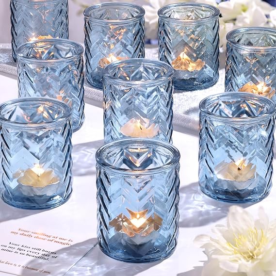 12 PCS Blue Votive Candle Holders - Blue Tealight Candle Holders for Wedding Party Decorations - Votive Candle Holders Bulk for Wedding Reception, Bridal Shower, Baby Shower Party Decor