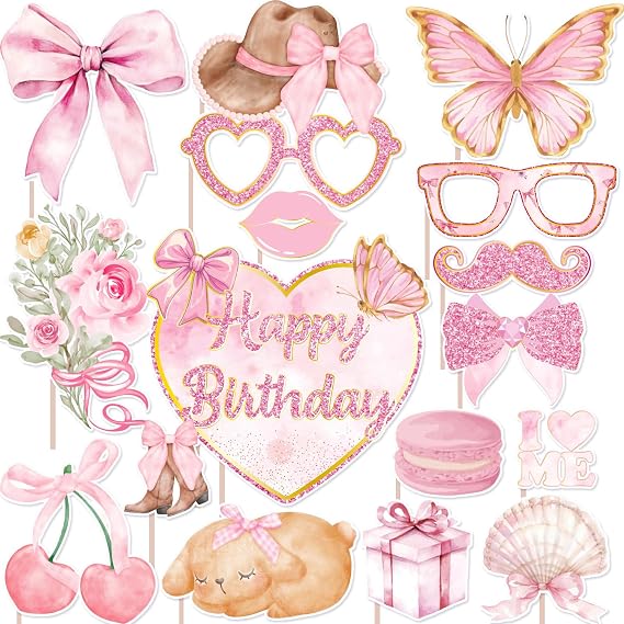 Pink Bow Party Decorations Photo Booth Props - 16 Pieces, Bow Themed Party Decorations for Girls Women Baby Shower Birthday Supplies