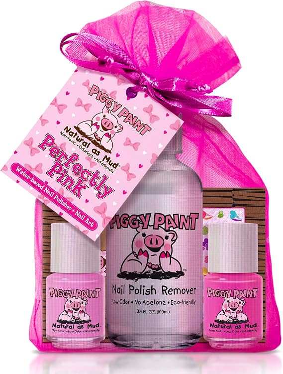 Piggy Paint | 100% Non-Toxic Girls Nail Polish | Safe, Cruelty-Free, Vegan, Low Odor Nail Polish for Kids | Perfectly Pink (2 Polish, 1 Remover & Nail Art Gift Set)