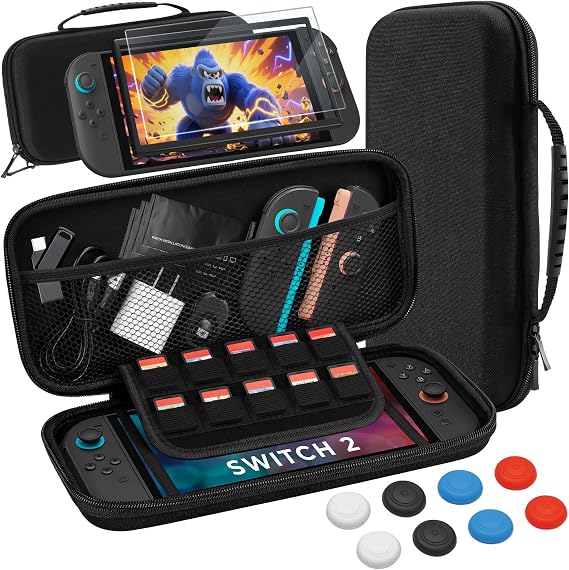 Switch 2 Case and Screen Protector for Nintendo Switch 2,Hard Shell Carry Slim Case with 10 Game Card Slots, Tempered Glass, 8 Thumb Grips, Travel Carrying Shell Accessories Kit for Switch 2 Console