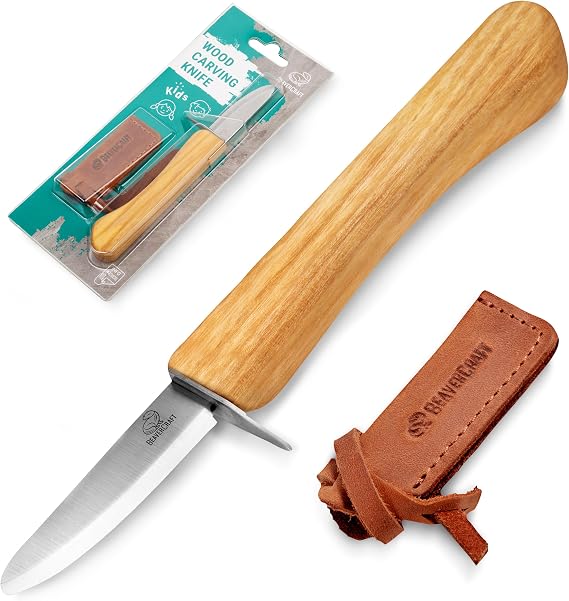 BeaverCraft Whittling Knife for Kids, Beginners - Safety Wood Carving Knife C1 Kid - Whittling Knives with Rounded Tip for Children, Entry-Level Carvers - Wood Carving Tools for Beginners, Boy Scout