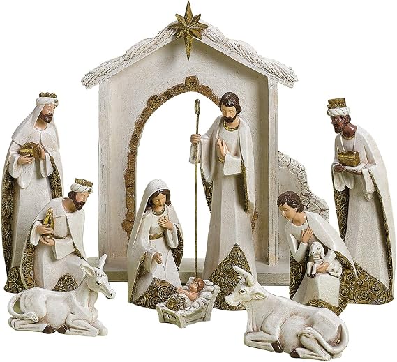 Ivory and Gold Christmas Nativity 10 Piece Set Holiday Decoration New 31379