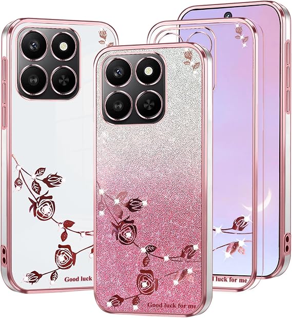 Phone Case for Honor 400 Smart 5G Clear Glitter Floral, Cute Slim for Honor 400 Smart Case Silicone Shockproof Protective Women Girls Cover Sparkle Aesthetic (Pink)
