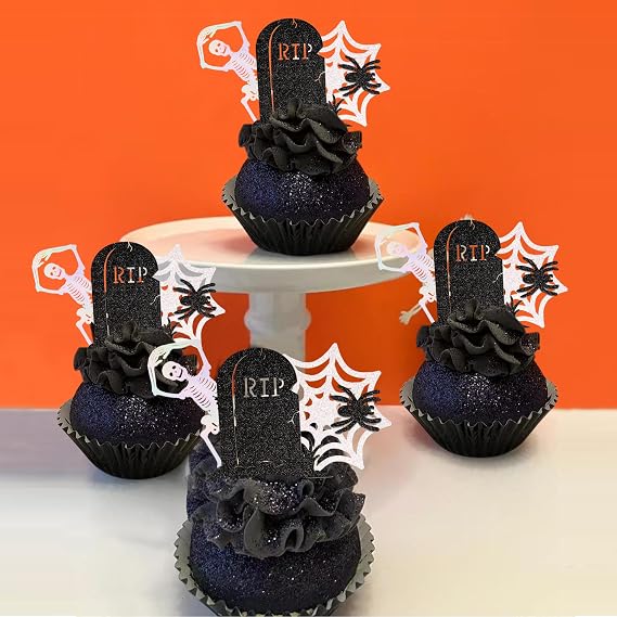 24Pcs Glitter White Skeleton Cupcake Topper Spider Webs Cupcake Picks Rip Tombstone Food Picks for Gothic Birthday Cupcake Decorations Horror Halloween Party Supplies
