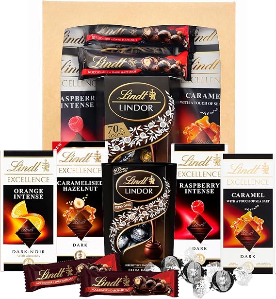 Dark Lindt Chocolates Hamper for Birthday Gifts - Irresistible Smooth 4 x 100g Caramel, Orange, Raspberry & Hazelnut Flavour Chocolate Bars, Truffles 200g & 2x35g Hazelnut Bars. Chocolate Hamper