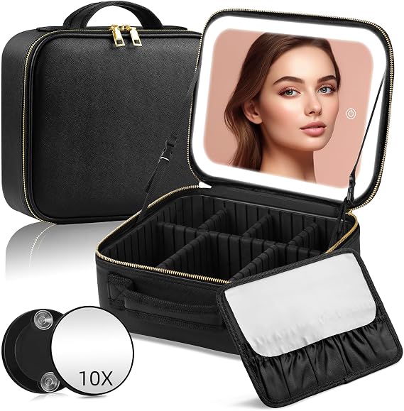 Travel Makeup Bag with LED Mirror 3 Color Setting,Travel Makeup Organizer,Makeup Case with Adjustable Dividers,Waterproof Makeup Box with 10X Magnifying Mirror,Black