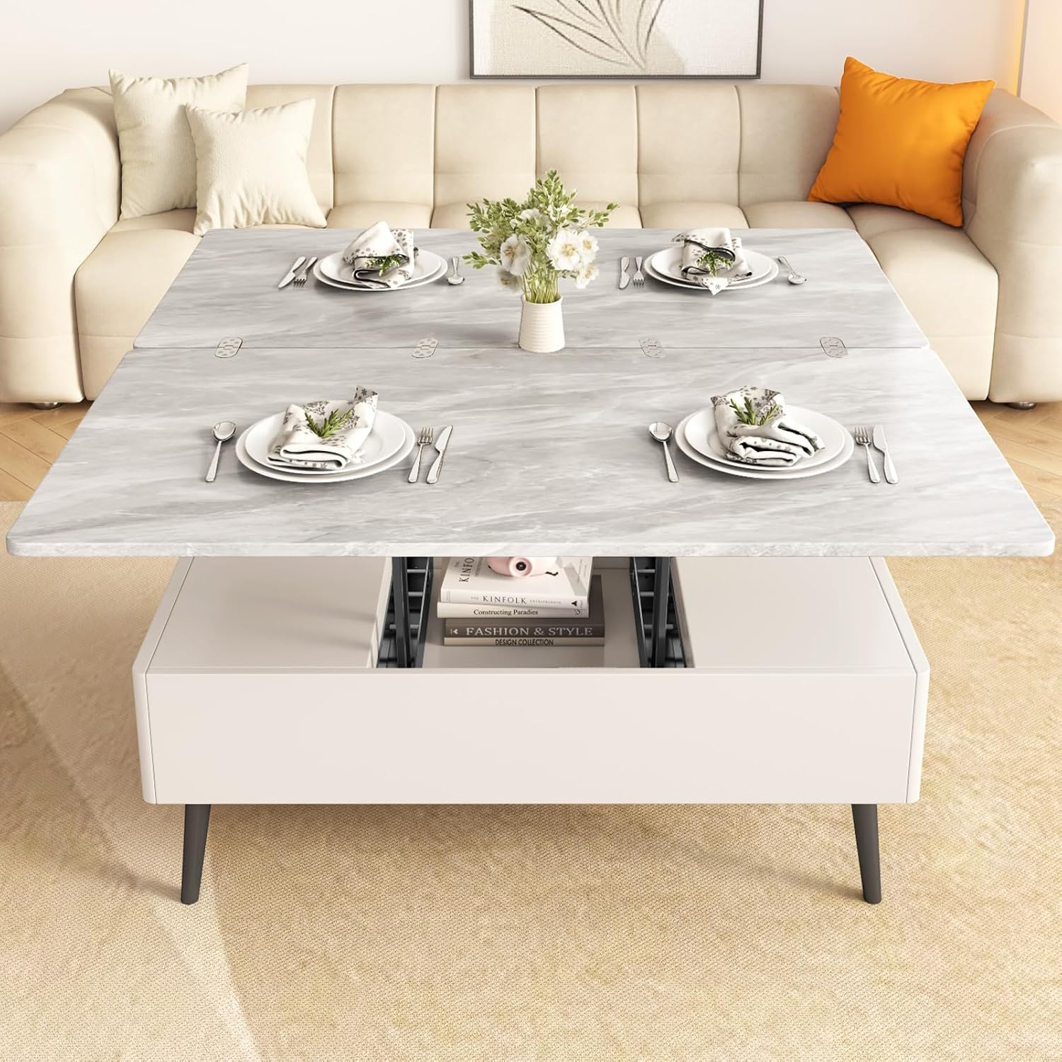 Dining Table, Elevating Type, Multi-functional Table, Dining Table Low Table, Elevating Type, Dining Table with Shelf
