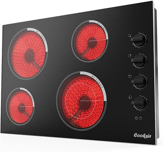 Electric Cooktop 30 Inch 4 Burner 7400W 240V Hard Wired | 30 In Electric Srove with Metal Frame Protection, Residual Heat Indicator, Knob Control, Cut-out Size: 29.13"x19.3", No Plug