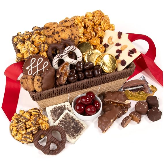 A Gift Inside Chocolate Gift Basket, Gourmet Chocolate Assortment with Chocolate Covered Pretzels, Cookies, Caramel Corn, Peanut Butter Cups, Caramels & Chocolate Nuts, Sweet Treat Gift for Chocolate Lovers