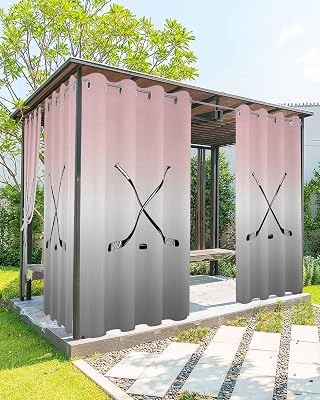 Outdoor Curtains for Patio Waterproof, Hockey Player Outside Curtain 2 Panels, Sports Ground Ombre Grey Pink Window Treatment Drapes Privacy IndoorOutdoor Curtain for Porch Pergola Cabana 54x95