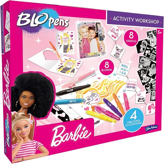 John Adams BLOPENS® Barbie Activity Set | 8 BLOPENS, 8 Stencils & 4 Customisable Creations | A New Way to Colour | Age 5+ | Great Gift Idea for Birthday & Christmas for Kids | Washable & Non-Toxic
