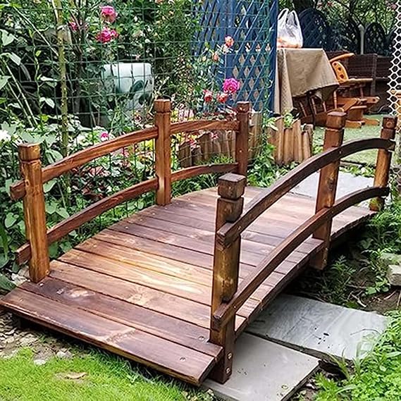 Wooden Bridge for Garden Decoration, Classic Wooden Arch Bridge with Safety Rails for Outside Yard, Stained Finish Pond Footbridge.