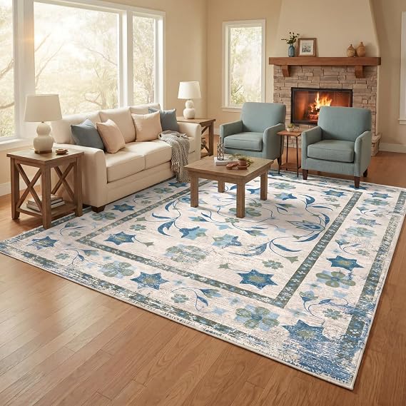 Modern Farmhouse Rug, Blue and Green Oushak Area Rug, Vintage Aubusson Design Low Pile Carpet, Soft Washable Non-Slip Floor Mat for Living Room, Dining Room, Bedroom(Classic,6x9 ft)