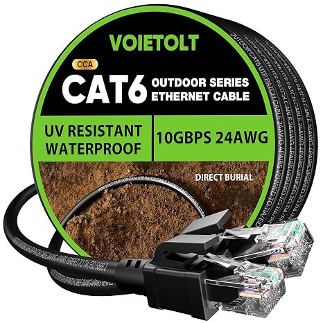 Cat 6 Outdoor Ethernet Cable 225 ft, 24AWG 10Gbps Cat6 Cable Cord Waterproof Direct Burial LLDPE UV Jacket, Internet Network Cable with 60 Ties Support Cat6 Cat5e Cat5, CCA, UTP for PC